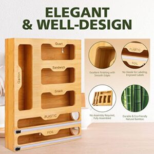 ziplock bag organizer, ziplock bag organizer for drawer, ziploc bag organizer, sandwich bag organizer Bamboo, 6 in 1 Wrap Dispenser With Cutter, Kitchen Storage Ziplock Bag Organizer For Drawer, Compatible With Ziplock Gallon, Quart, Sandwich, Snack, Alum