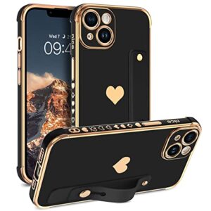 bentoben iphone 14 case with adjustable wristband strap, iphone 14 case heart plated design slim luxury soft bumper shockproof women men girl protective case cover for iphone 14 6.1 inch,black/gold