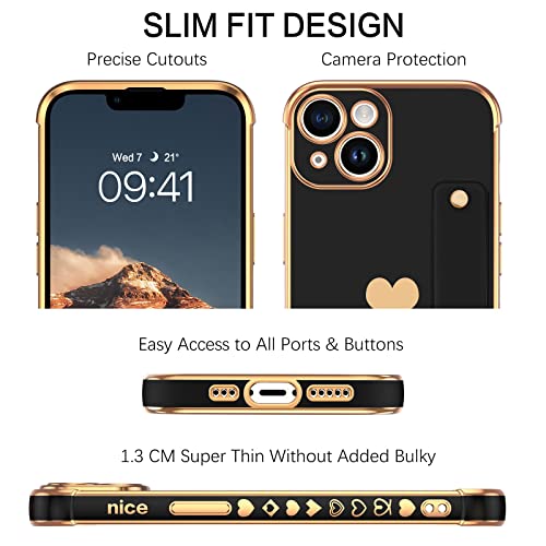 BENTOBEN iPhone 14 Case with Adjustable Wristband Strap, iPhone 14 Case Heart Plated Design Slim Luxury Soft Bumper Shockproof Women Men Girl Protective Case Cover for iPhone 14 6.1 inch,Black/Gold