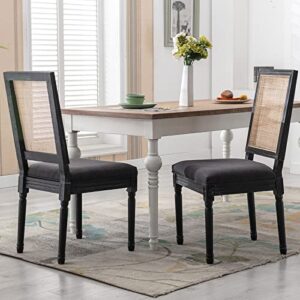 guyou black farmhouse dining chairs set of 2, upholstered dining room chairs with rectangular rattan back french country accent chair with distressed wood frame for kitchen living room (beige)