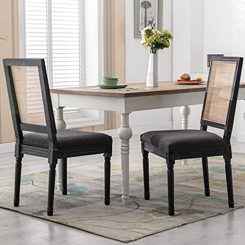 Guyou Black Farmhouse Dining Chairs Set of 2, Upholstered Dining Room Chairs with Rectangular Rattan Back French Country Accent Chair with Distressed Wood Frame for Kitchen Living Room (Beige)