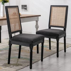 Guyou Black Farmhouse Dining Chairs Set of 2, Upholstered Dining Room Chairs with Rectangular Rattan Back French Country Accent Chair with Distressed Wood Frame for Kitchen Living Room (Beige)