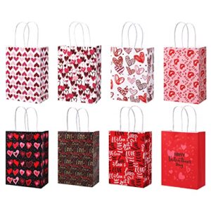 valentine day gift bags, 16pcs valentines paper bags with handles love heart patterns cookie candy bags valentine day party supplies for kids classroom exchange presents (8 styles)
