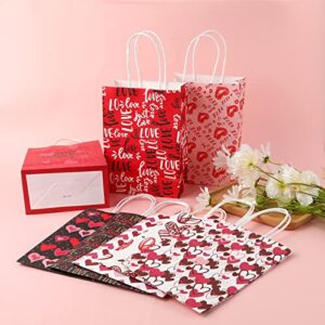 Valentine Day Gift Bags, 16pcs Valentines Paper Bags with Handles Love Heart Patterns Cookie Candy Bags Valentine Day Party Supplies for Kids Classroom Exchange Presents (8 Styles)