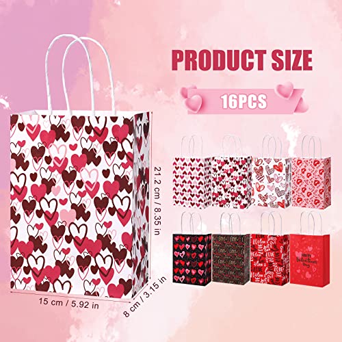 Valentine Day Gift Bags, 16pcs Valentines Paper Bags with Handles Love Heart Patterns Cookie Candy Bags Valentine Day Party Supplies for Kids Classroom Exchange Presents (8 Styles)