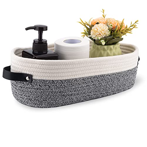 Oradrem Small Cotton Rope Woven Basket Toilet Paper Baskets for Organizing Decorative Basket for Boho Decor Small Storage Basket 13"x5.9"x4" Variegated Gray&White