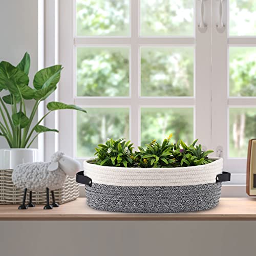 Oradrem Small Cotton Rope Woven Basket Toilet Paper Baskets for Organizing Decorative Basket for Boho Decor Small Storage Basket 13"x5.9"x4" Variegated Gray&White