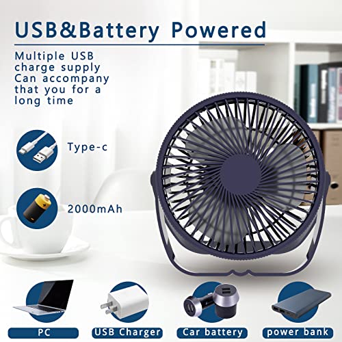 LIEWET Desk Fan,Battery Operated Fan,Portable Table Fan,6-Inch Foldable Travel Fan,2000mAh Desktop Fan,Three Wind Speeds, Extremely Quiet,360°Air Supply Hanging Fan Blue