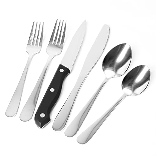 Silverware Set, QOUTIQUE 24 Piece Stainless Steel Flatware, Service for 4 Cutlery Set Utensils, for Home Kitchen Restaurant, Include Knives Spoons Forks Steak Knives, Mirror Polished, Dishwasher Safe