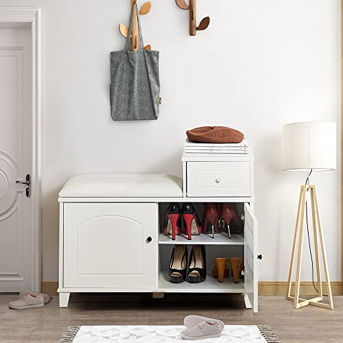 Katorn White Shoe Storage Bench Cabinet with Fireproof PU Cushion, Shoe Cabinet & Shoe Bench, Double Doors and Movable Drawer Wood for Door Entrance