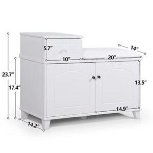 Katorn White Shoe Storage Bench Cabinet with Fireproof PU Cushion, Shoe Cabinet & Shoe Bench, Double Doors and Movable Drawer Wood for Door Entrance