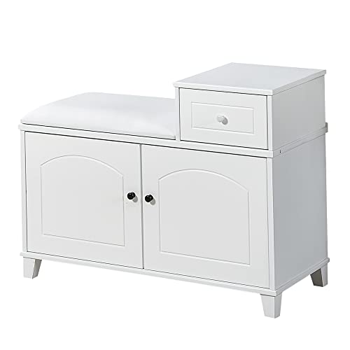 Katorn White Shoe Storage Bench Cabinet with Fireproof PU Cushion, Shoe Cabinet & Shoe Bench, Double Doors and Movable Drawer Wood for Door Entrance