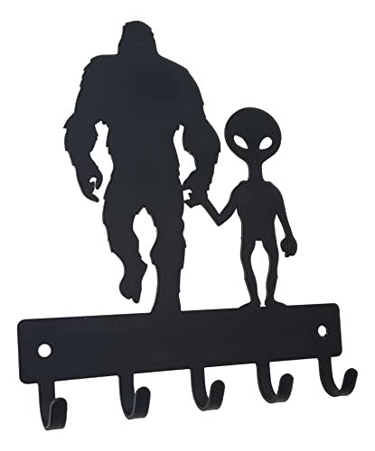 The Metal Peddler Alien & Bigfoot Sasquatch Key Holder with 5 Hooks - Small 6 inch Wide - Made in USA; Wall Mounted