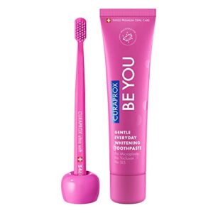 curaprox cs 5460 toothbrush, toothbrush holder and be you toothpaste, home kit, pink