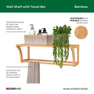 ClosetMaid Bamboo Wall Shelf with Towel Bar, Wall Mount Storage Shelves, Organizer Rack, Natural Finish