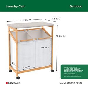 ClosetMaid Bamboo Laundry Hamper Cart with Ironing Board Folding Station, Dual Compartments with Divider, Portable Laundry Sorter, Natural Finish