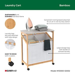 ClosetMaid Bamboo Laundry Hamper Cart with Ironing Board Folding Station, Dual Compartments with Divider, Portable Laundry Sorter, Natural Finish