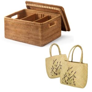 GaiaMade Handwoven Rattan Basket With Lid and Set of 2 Seagrass Market Basket Bag Bundle