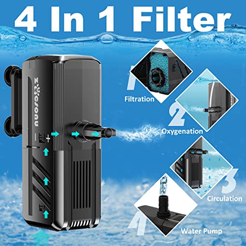 ZOCSONU Submersible Aquarium Filter, Internal Aquarium Filter, 6W Adjustable Fish Tank Filter for 5-10 Gallon Salt Water/Fresh Water Fish Tank, with 2 Stages and 4 Strong Suction Cups