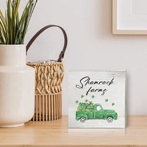 Watercolor St. Patrick’s Day Wood Box Sign Home Decor, Rustic Shamrocks Truck Wooden Box Sign Block Plaque for Wall Tabletop Desk Decoration