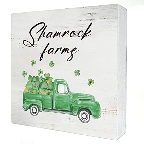 Watercolor St. Patrick’s Day Wood Box Sign Home Decor, Rustic Shamrocks Truck Wooden Box Sign Block Plaque for Wall Tabletop Desk Decoration