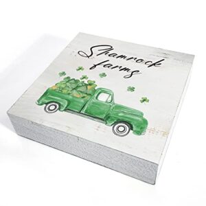 Watercolor St. Patrick’s Day Wood Box Sign Home Decor, Rustic Shamrocks Truck Wooden Box Sign Block Plaque for Wall Tabletop Desk Decoration