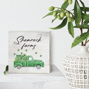 Watercolor St. Patrick’s Day Wood Box Sign Home Decor, Rustic Shamrocks Truck Wooden Box Sign Block Plaque for Wall Tabletop Desk Decoration