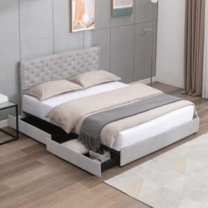 mjkoen bed frame with storage, tufted bed frame with 4 storage drawers,king size upholstered bed frame with adjustable headboard for bedroom light grey
