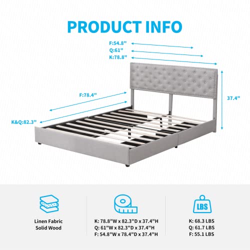 Mjkoen Bed Frame with Storage, Tufted Bed Frame with 4 Storage Drawers,King Size Upholstered Bed Frame with Adjustable Headboard for Bedroom Light Grey