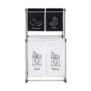 vlizo 2 tier laundry sorter,laundry hamper with 4 removable bags for organizing clothes(black+white)
