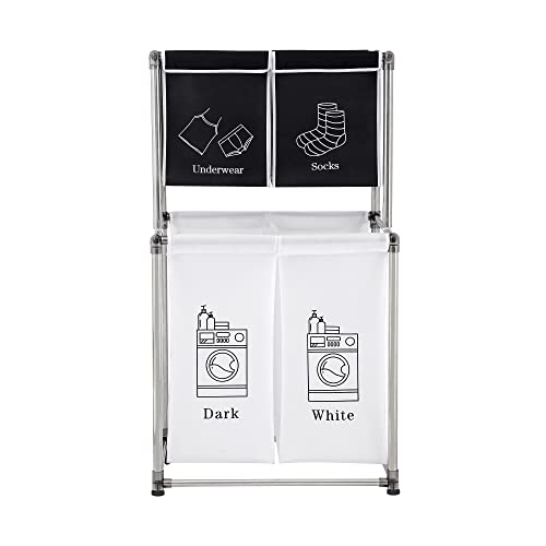 VLIZO 2 Tier Laundry Sorter,Laundry Hamper with 4 Removable Bags for Organizing Clothes(Black+White)