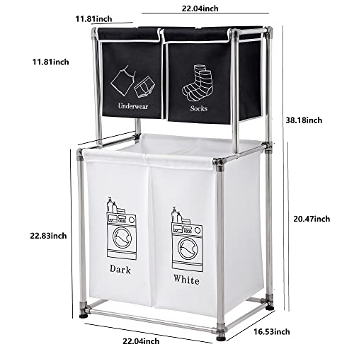 VLIZO 2 Tier Laundry Sorter,Laundry Hamper with 4 Removable Bags for Organizing Clothes(Black+White)