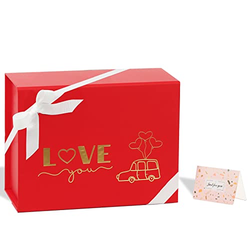 Valentine Gift Box, 9.1x7.2x4 Inches Red Gift Box with Gift Boxes for Presents with Magnetic Closure Lids Contains Ribbon and Card for Valentine's Day,Mother's Day, Bridesmaid Boxes, Wedding Season, Thanksgiving (1 Pack)