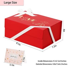 Valentine Gift Box, 9.1x7.2x4 Inches Red Gift Box with Gift Boxes for Presents with Magnetic Closure Lids Contains Ribbon and Card for Valentine's Day,Mother's Day, Bridesmaid Boxes, Wedding Season, Thanksgiving (1 Pack)