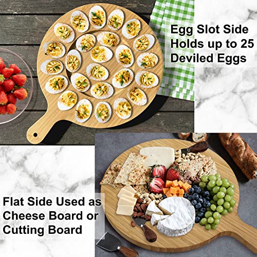 cenleoha Versatile Large Deviled Egg Platter with Handle Reversible Deviled Egg Plate Cutting Board Charcuterie Board Deviled Egg Container Bamboo Egg Holder Serving Tray