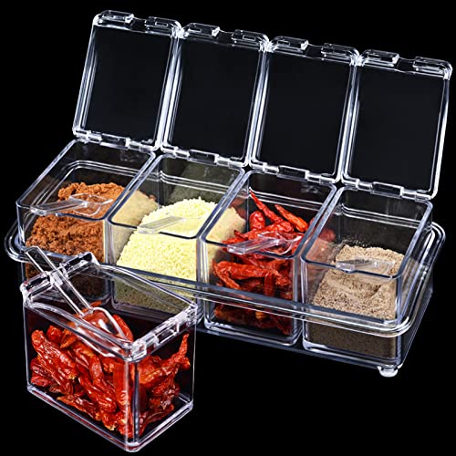 inheming 4 PCS Seasoning Box, Clear Acrylic Spice Pots with Cover and Spoon, Kitchen Storage Container Condiment Jars with Tray