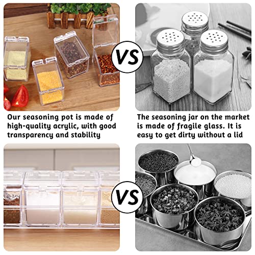 inheming 4 PCS Seasoning Box, Clear Acrylic Spice Pots with Cover and Spoon, Kitchen Storage Container Condiment Jars with Tray