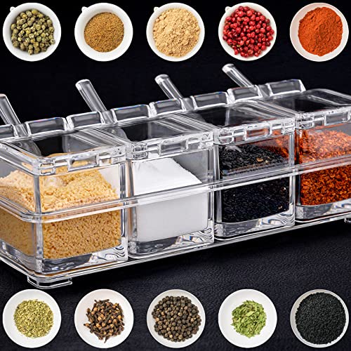 inheming 4 PCS Seasoning Box, Clear Acrylic Spice Pots with Cover and Spoon, Kitchen Storage Container Condiment Jars with Tray