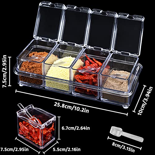 inheming 4 PCS Seasoning Box, Clear Acrylic Spice Pots with Cover and Spoon, Kitchen Storage Container Condiment Jars with Tray