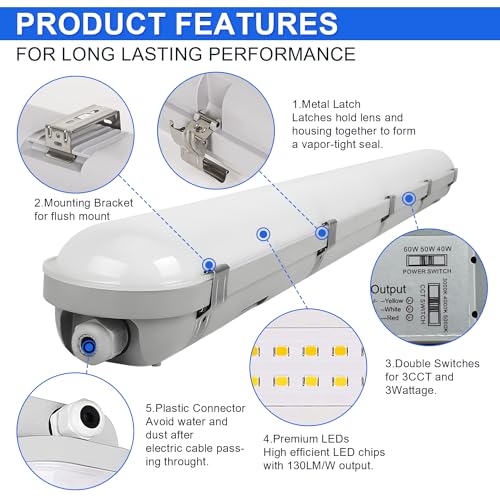 4FT LED Vapor Tight Lights, 40W-50W-60W Selectable,3CCT 3000K-4000K-5000K LED Vapor Proof Light, IP66 100-277V LED Shop Light for Car Wash, Garage, Walk-in Freezer, UL&DLC Listed (6 Pack)