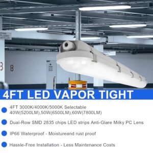 4FT LED Vapor Tight Lights, 40W-50W-60W Selectable,3CCT 3000K-4000K-5000K LED Vapor Proof Light, IP66 100-277V LED Shop Light for Car Wash, Garage, Walk-in Freezer, UL&DLC Listed (6 Pack)