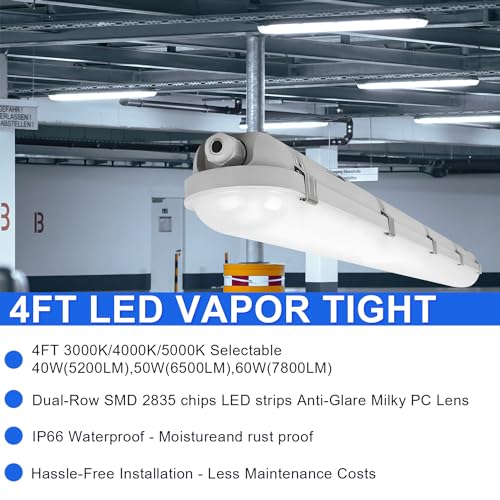 4FT LED Vapor Tight Lights, 40W-50W-60W Selectable,3CCT 3000K-4000K-5000K LED Vapor Proof Light, IP66 100-277V LED Shop Light for Car Wash, Garage, Walk-in Freezer, UL&DLC Listed (6 Pack)