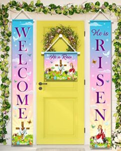 he is risen porch sign-religious easter supplies,3pcs jesus resurrection easter door sign banners,happy easter front door welcome hanging banner for spring easter decoration