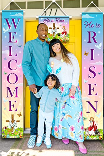 He is Risen Porch Sign-Religious Easter Supplies,3pcs Jesus Resurrection Easter Door Sign Banners,Happy Easter Front Door Welcome Hanging Banner for Spring Easter Decoration