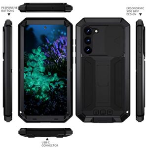 for Samsung Galaxy S23 Plus 5G/S23+ 5G Case,Shockproof Hard Case Aluminum Metal Gorilla Glass Military Heavy Duty Sturdy Protector Cover for Galaxy S23 Plus 5G,with Lens Protection Cover (Black)