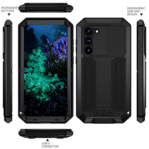 for Samsung Galaxy S23 Plus 5G/S23+ 5G Case,Shockproof Hard Case Aluminum Metal Gorilla Glass Military Heavy Duty Sturdy Protector Cover for Galaxy S23 Plus 5G,with Lens Protection Cover (Black)