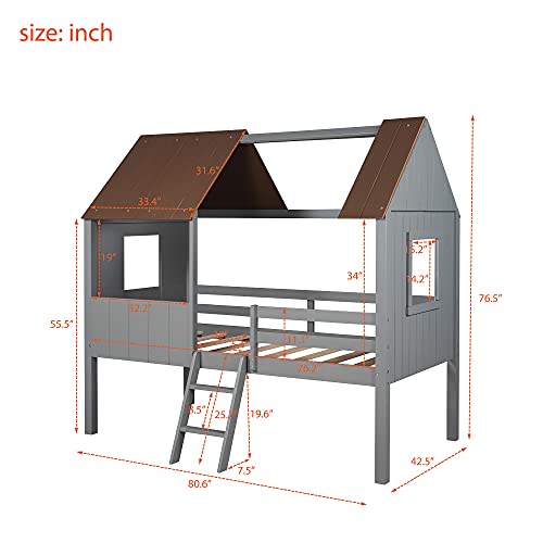 ODC Twin Size Low Loft House Bed with Roof and 2 Side Windows, Full-Length Guardrail, Solid Wood Platform Bed Frame, No Box Spring Needed/Easy Assembly for Kids Teens Bedroom