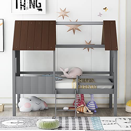 ODC Twin Size Low Loft House Bed with Roof and 2 Side Windows, Full-Length Guardrail, Solid Wood Platform Bed Frame, No Box Spring Needed/Easy Assembly for Kids Teens Bedroom