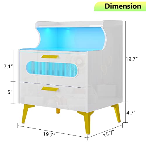 Dystler Nightstand with Wireless Charging Station RGB Smart Night Stand with Human Sensor Design Bedside Table with 2 Drawers LED Modern end Table for Bedroom Livingroom, White