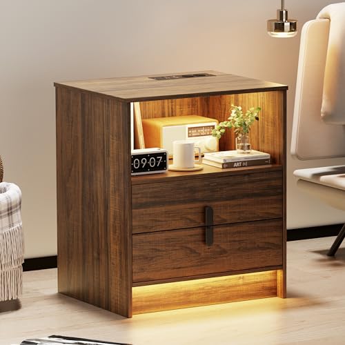 Dystler Nightstand with Charging Station and LED Light Strip, Bedside Tables with 2 Drawers and Open Storage, Modern End Side Table with Human Body Sensor Function for Bedroom, Living Room (Brown)